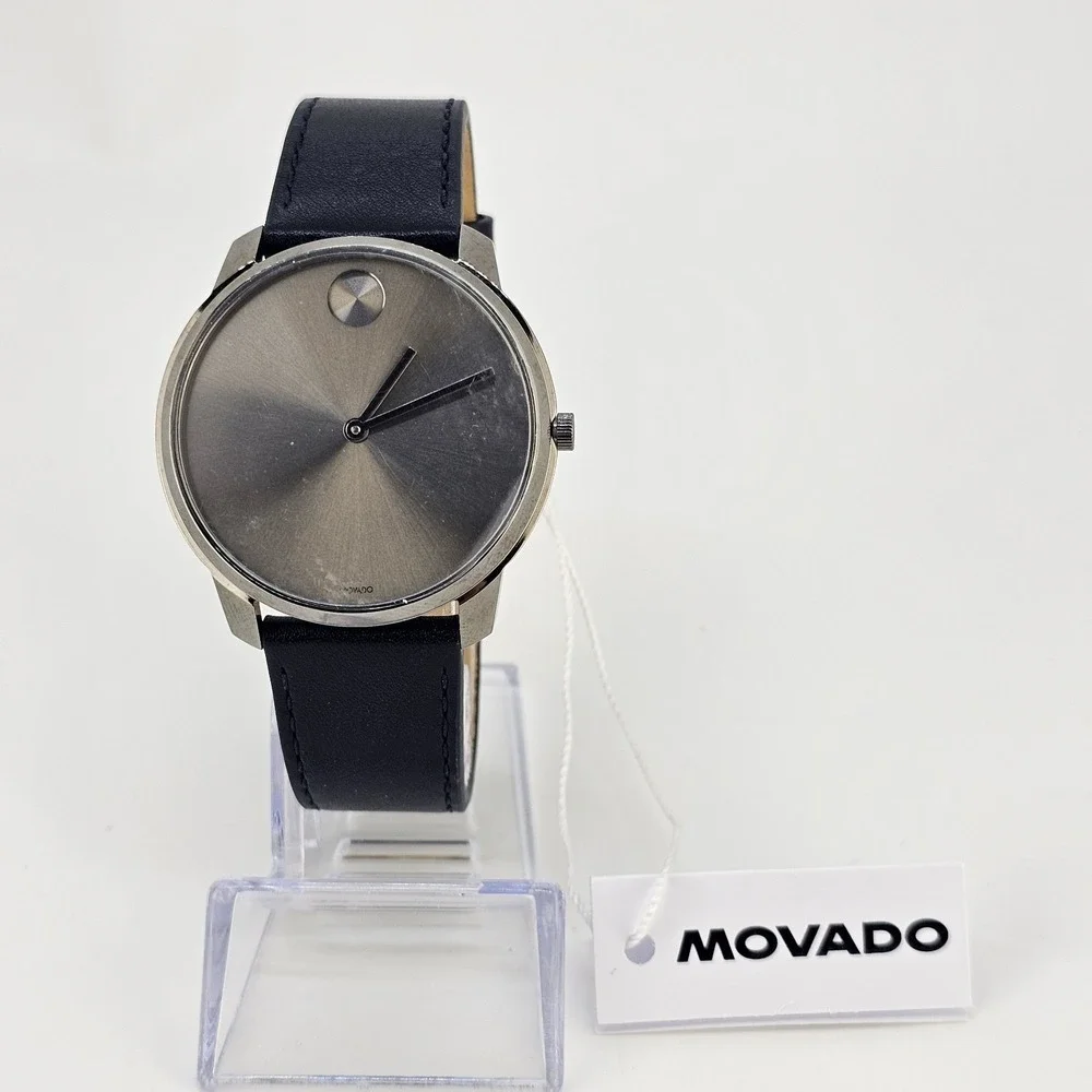 Movado Bold Men's‎ Watch 42MM Gray Dial Dark Blue Leather Bands New Battery